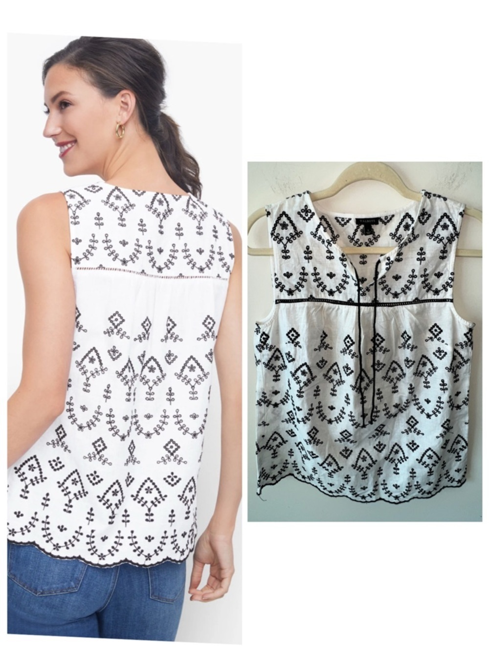 Talbots Embroidered Scallop Hem Cotton Linen Sleeveless Top